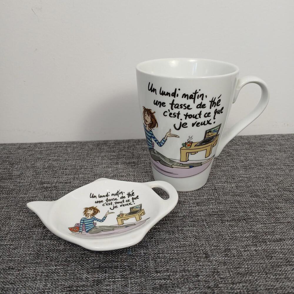 French Tea Mug & Teabag Holder Set Verdici Funny Monday Office Quote Porcelain